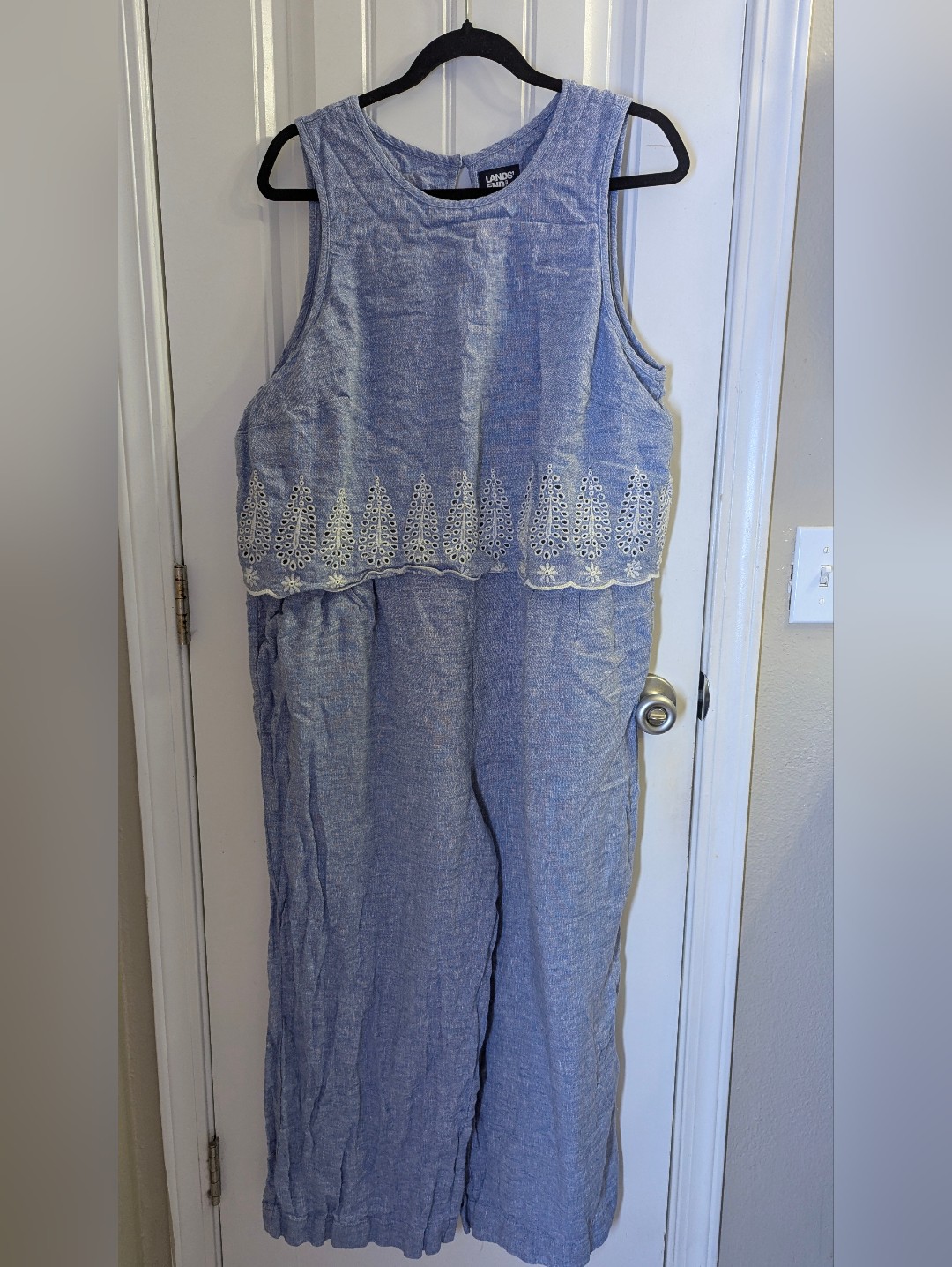 Lands' End Blue Embroidered Sleeveless Jumpsuit